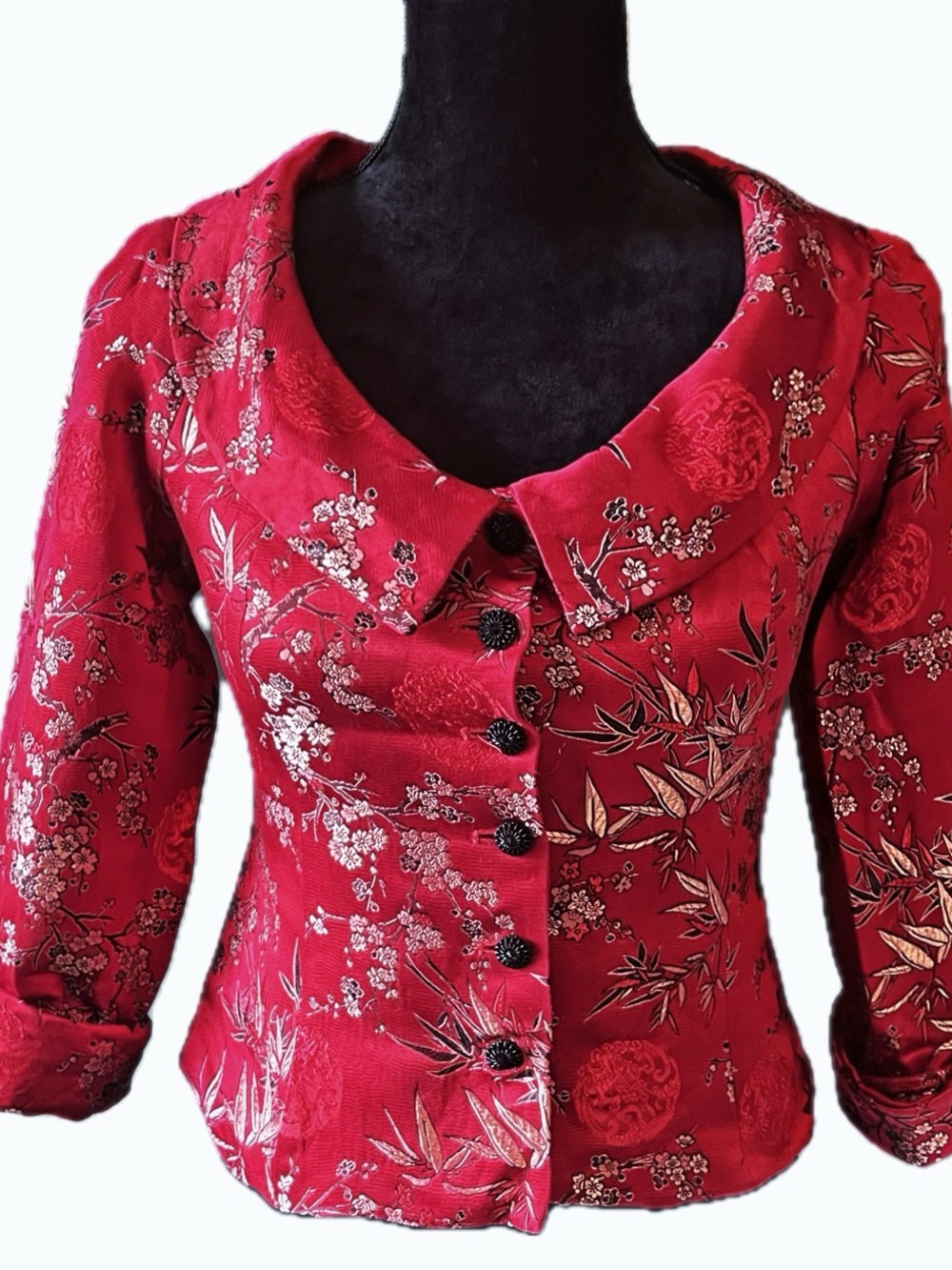 JULIANA COLLEZIONE Women’s Red Vintage Asian Embroidered Cropped Jacket Size 2